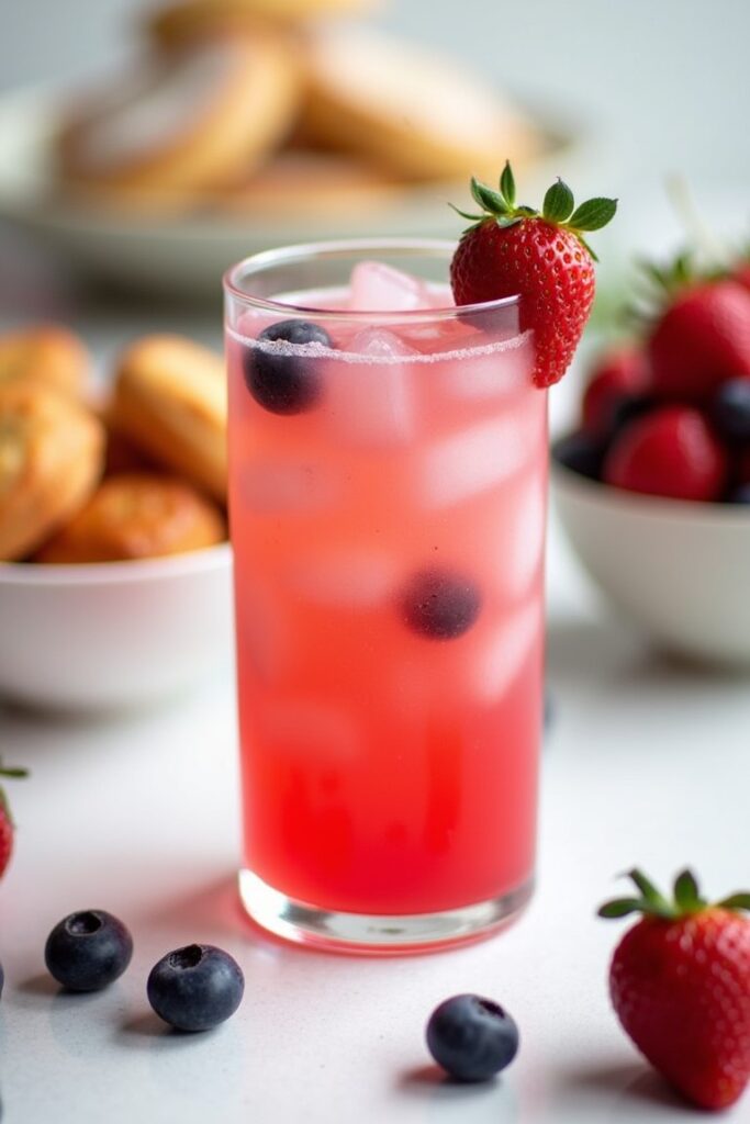 A refreshing pink Berry Bliss Mocktail served in a tall glass with ice cubes, garnished with blueberries and a fresh strawberry, surrounded by muffins and bowls of mixed berries.
