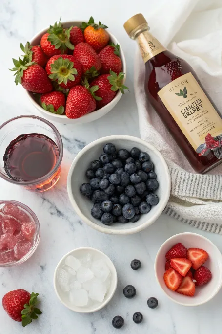 Ingredients for Blushing Berry Mocktail laid out on table