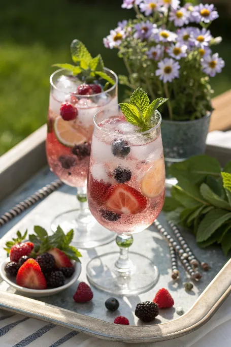 Blushing Berry Mocktail served in glasses with mint and berries
