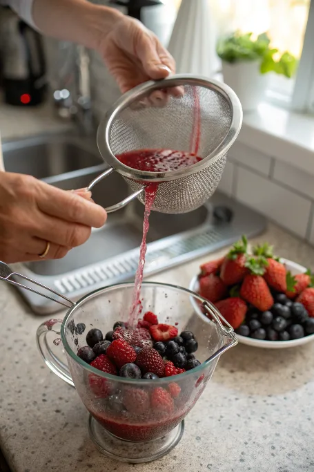 Straining blended berries into a pitcher for mocktail