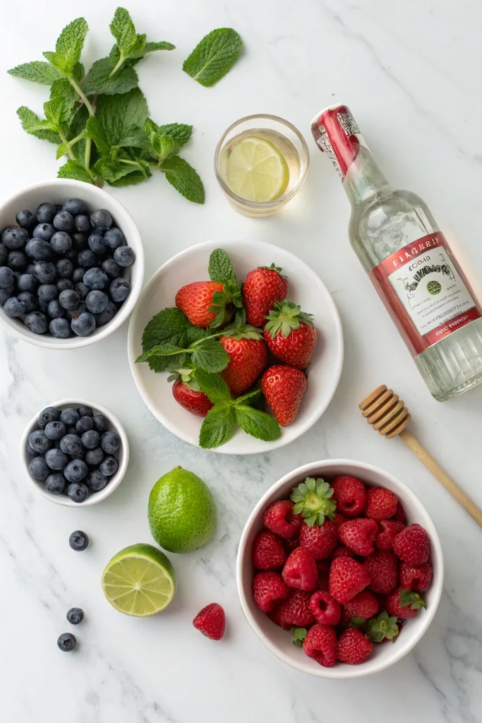Ingredients for Summer Berry Smash Mocktail laid on a marble counter