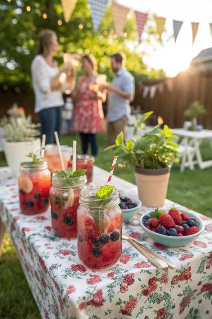 Summer Berry Smash Mocktails served outdoors at a party