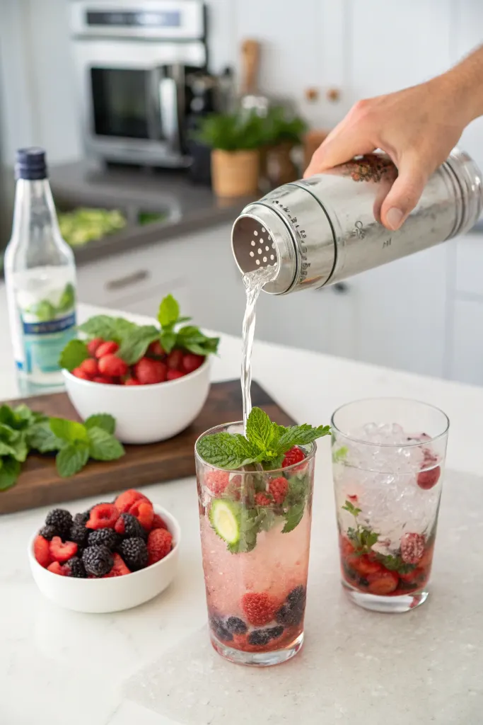 Steps to make a Summer Berry Smash Mocktail from muddling to garnish