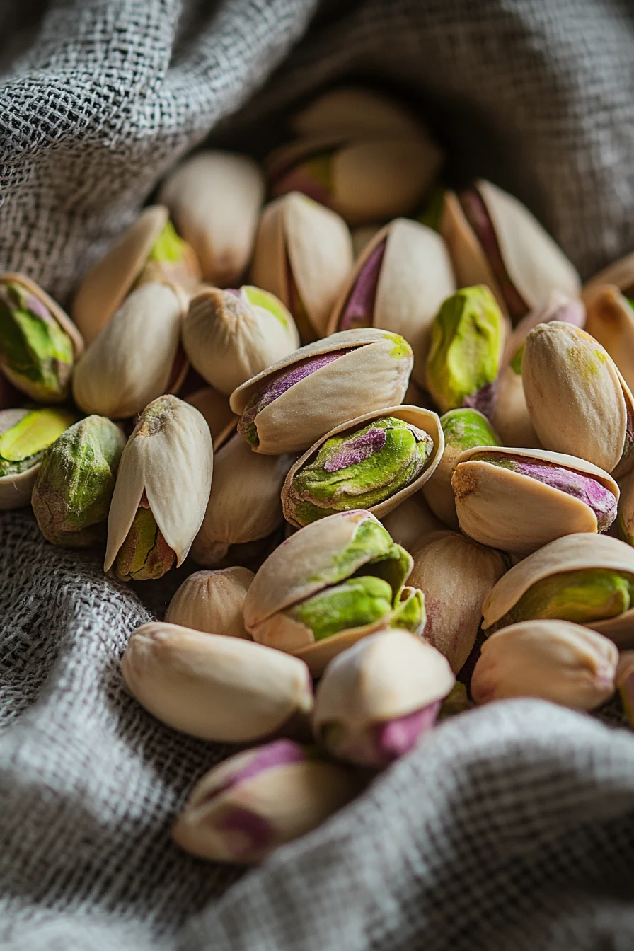 Peeled pistachios on towel after blanching step