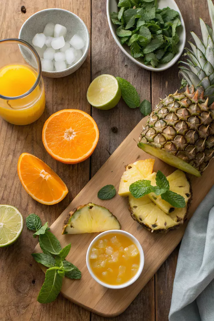 ingredients for pineapple and orange juice mocktail
