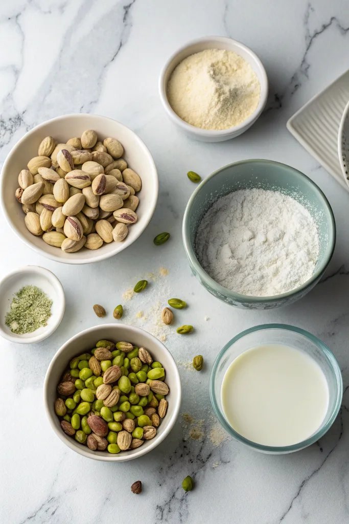 Pistachio cream recipe ingredients laid out on a marble surface