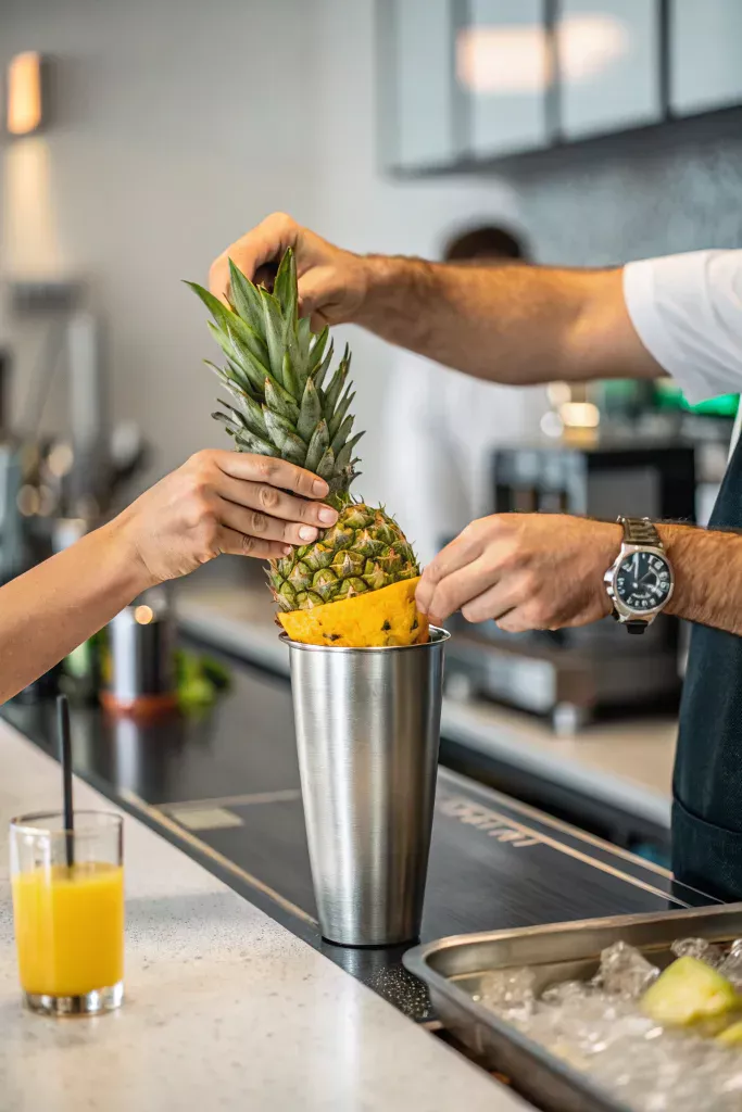 shaking pineapple and orange juice in a cocktail shaker