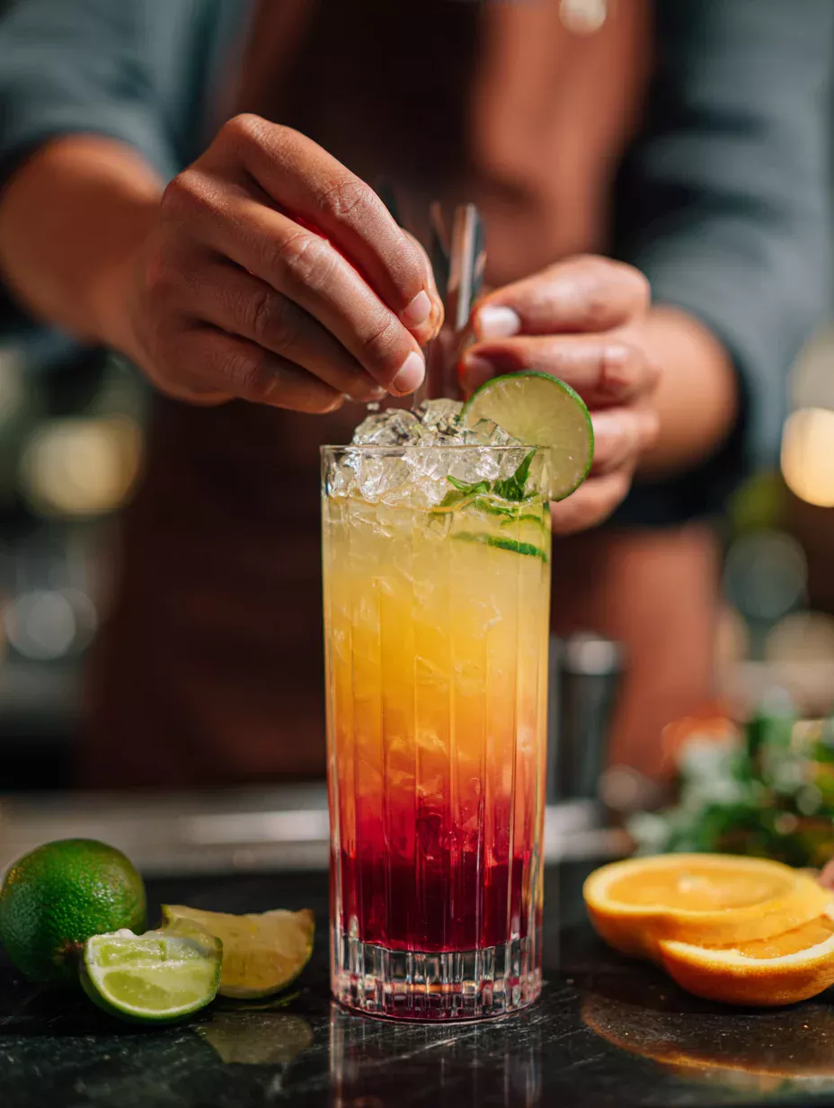  Layering a Virgin Mai Tai Mocktail with grenadine and citrus juices