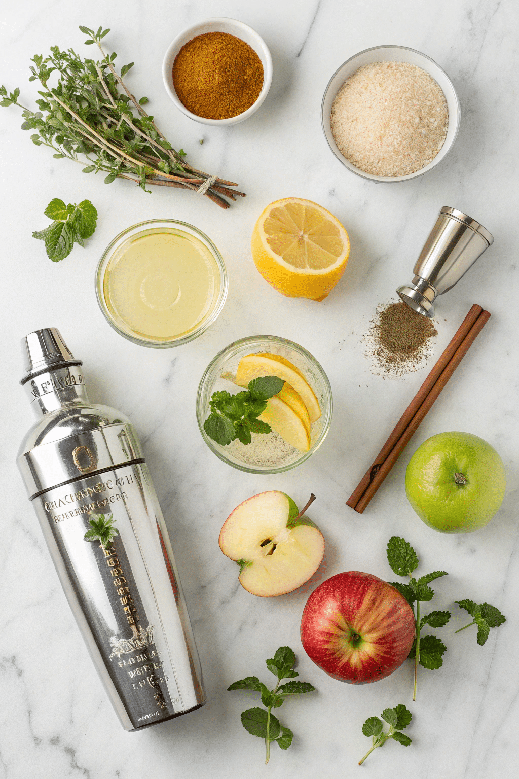 appletini mocktail ingredients on marble counter with non-alcoholic vodka and apple cider