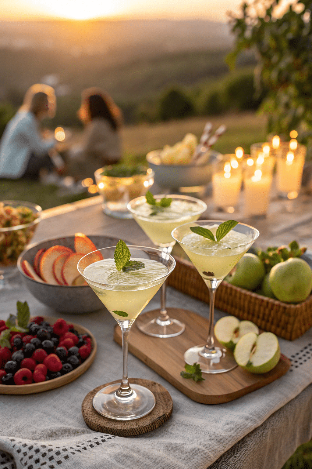 summer table with appletini mocktails in martini glasses garnished with apple slices