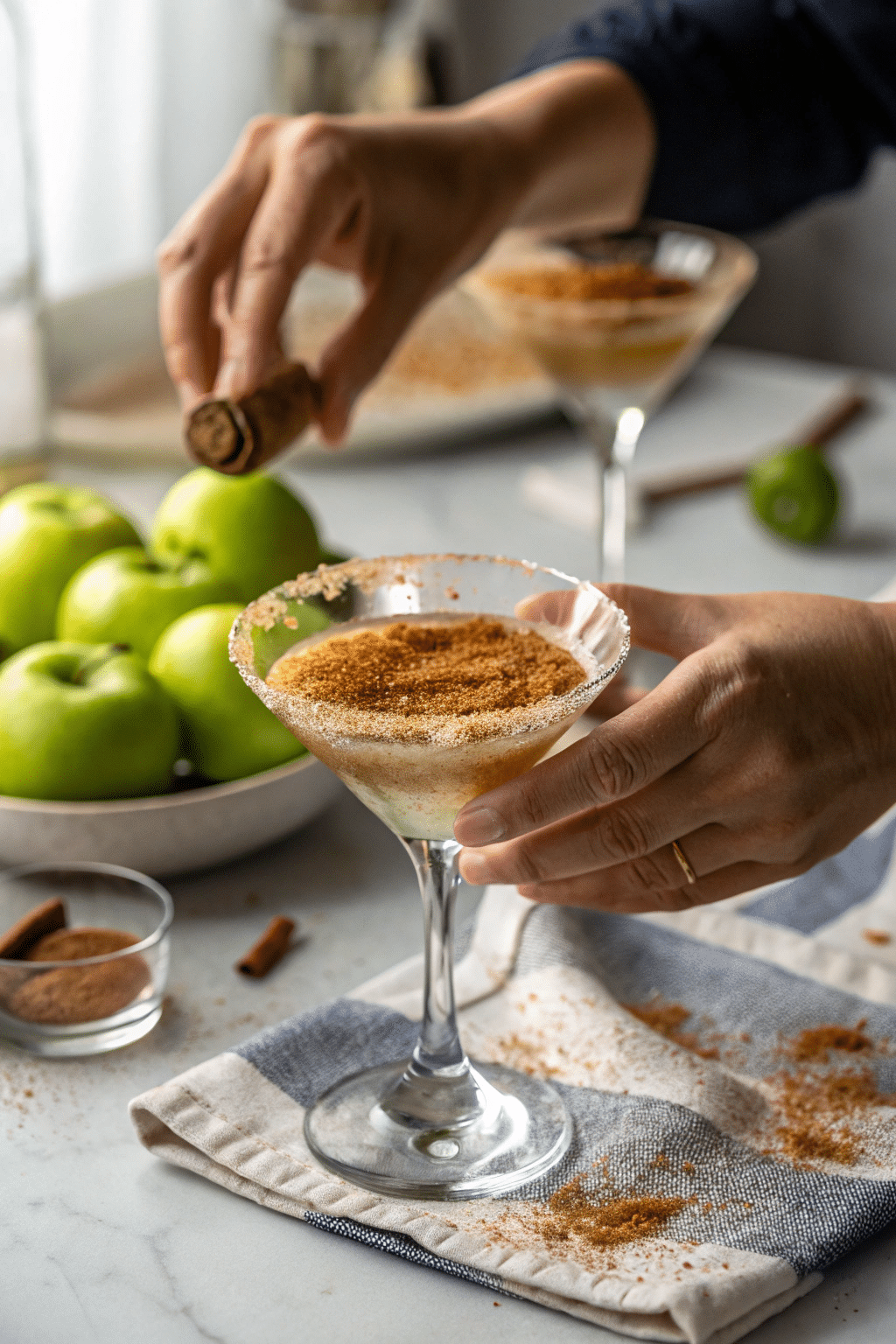  rimming martini glass with cinnamon sugar for appletini mocktail