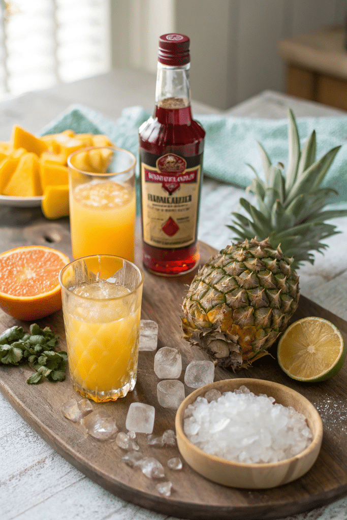 Bahama Mama Mocktail ingredients on a wooden counter
