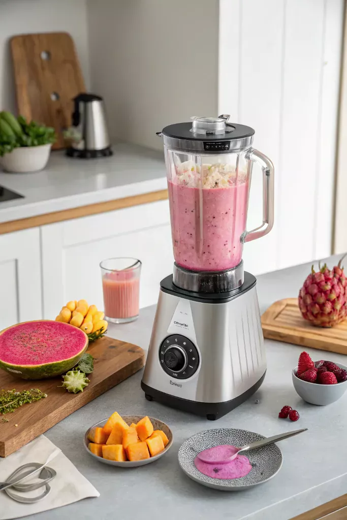  Blending dragon fruit and mango for mocktail recipe