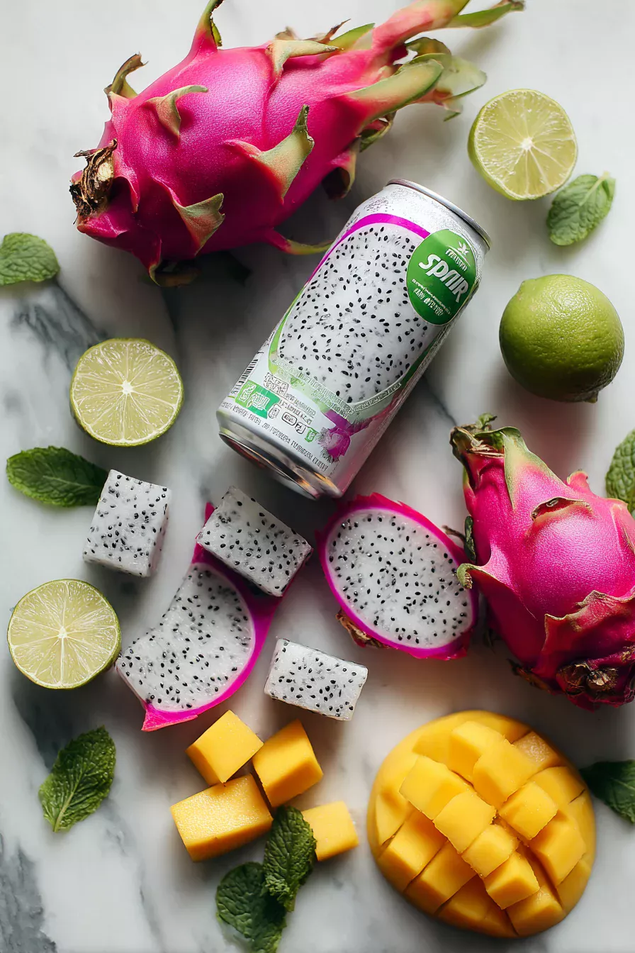 Ingredients for dragon fruit mocktail recipe on countertop