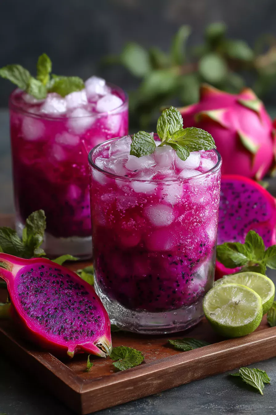 Dragon fruit mocktail with Sprite served in glasses with mint