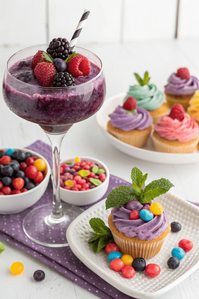 Purple rain mocktail served with appetizers on a brunch table