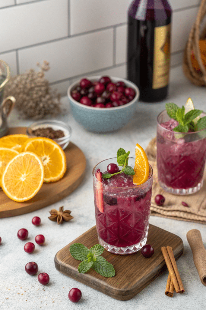 prune juice mocktail served in elegant glasses with orange slices and mint on outdoor patio