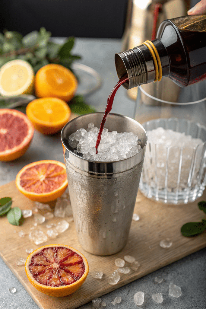 prune juice poured into a cocktail shaker with ice and fresh citrus in background