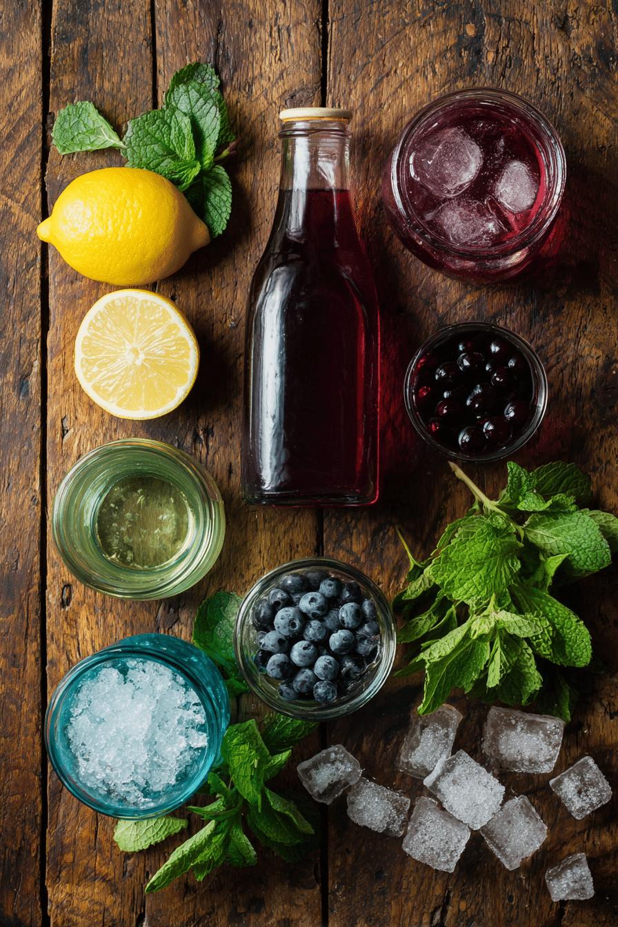 Purple rain mocktail ingredients flat lay with fresh fruits and syrups