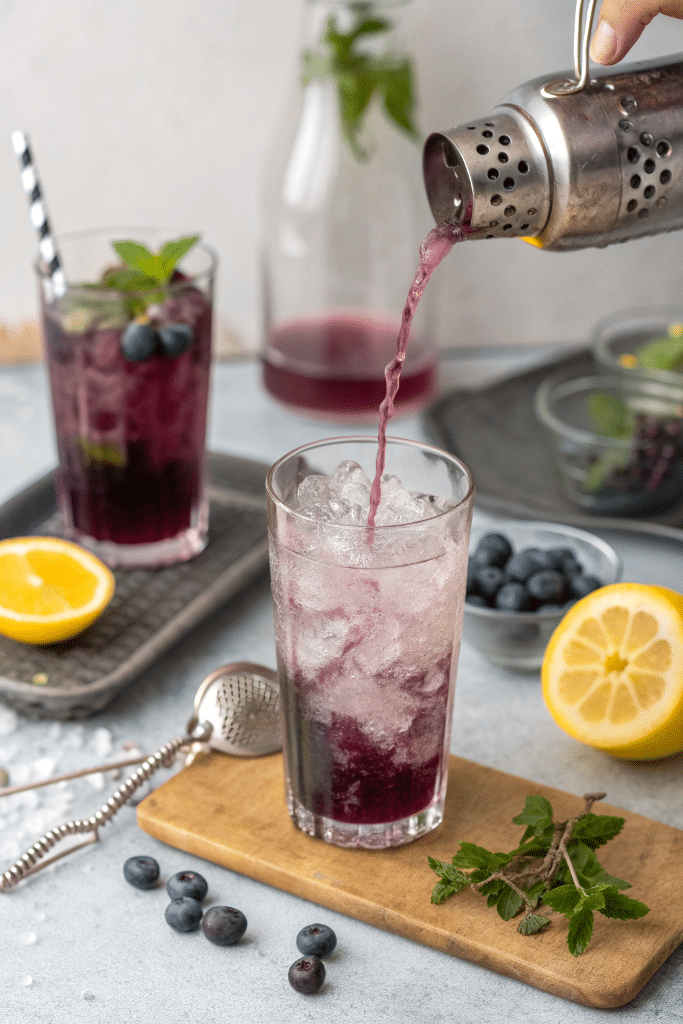 Pouring purple rain mocktail mixture over ice in a tall glass