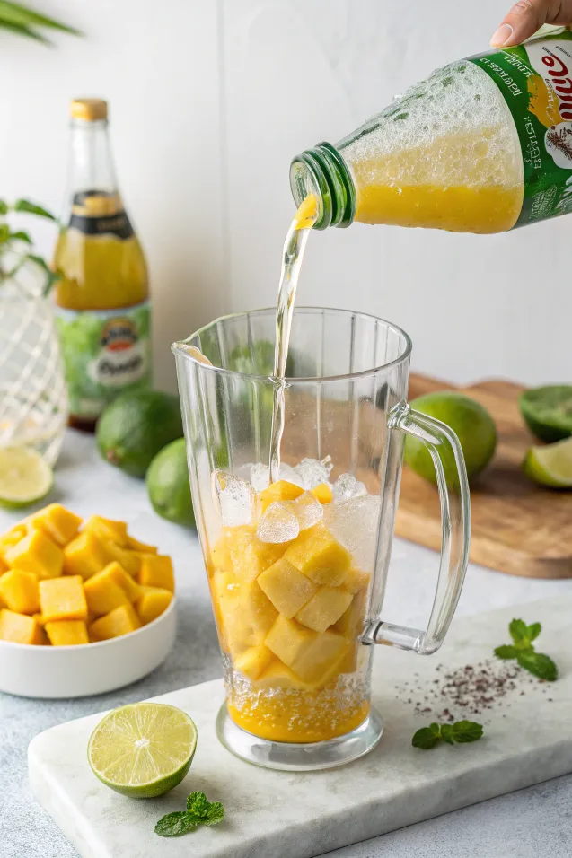 blender filled with mango chunks and soda