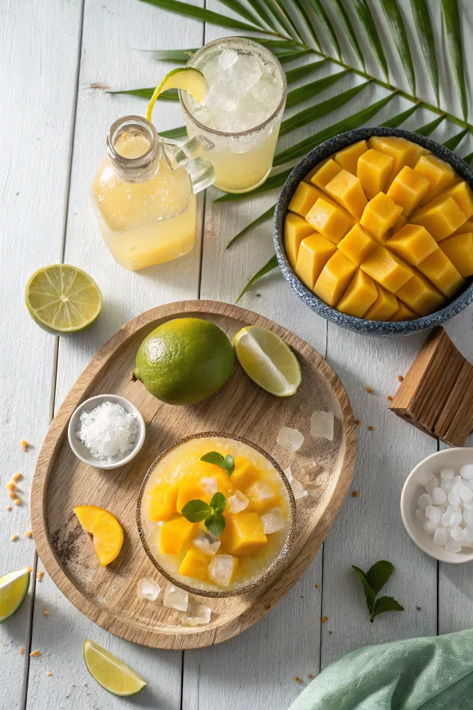 ingredients for virgin mango margarita flat lay